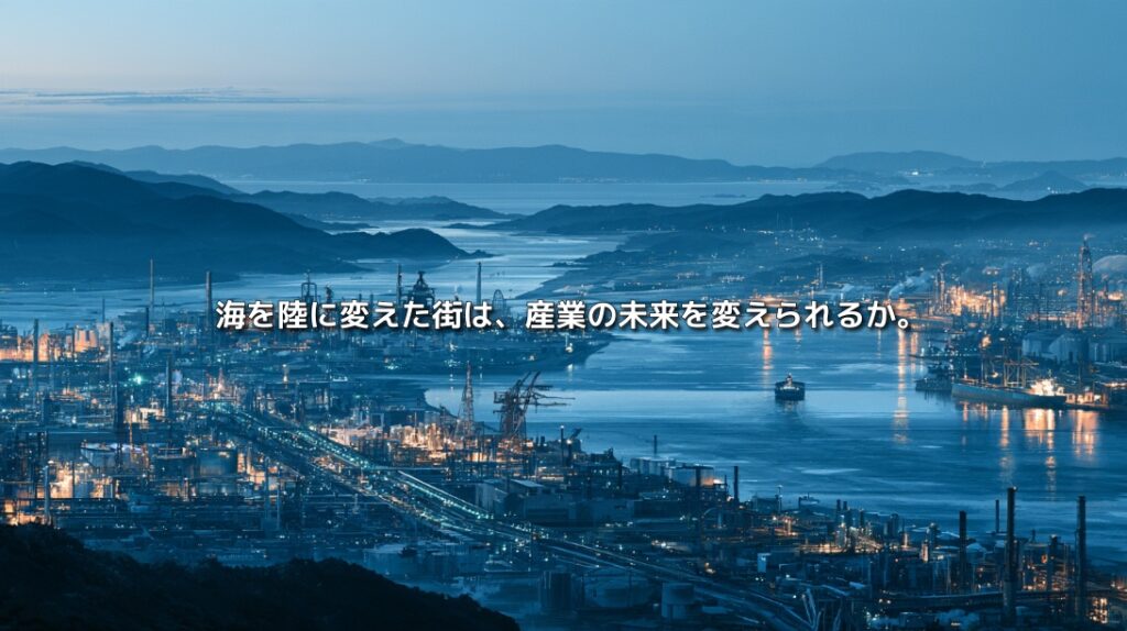 瀬戸内海沿岸に広がる水島コンビナートと港湾、工場群を望む夕景のイメージ