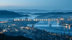 瀬戸内海沿岸に広がる水島コンビナートと港湾、工場群を望む夕景のイメージ