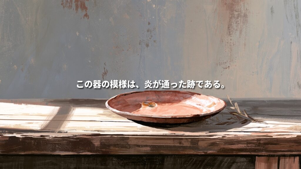 Painterly illustration of a reddish-brown Bizen pottery plate beside a small branch on a sunlit wooden table. Japanese text reads, “The patterns on this vessel are traces left by fire.”