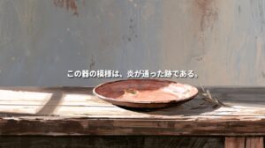 Painterly illustration of a reddish-brown Bizen pottery plate beside a small branch on a sunlit wooden table. Japanese text reads, “The patterns on this vessel are traces left by fire.”