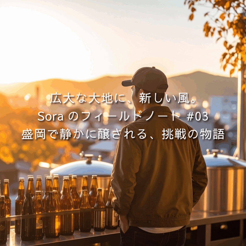 夕暮れの弘前市街を背に、クラフト飲料のボトルと設備を前に立つ若い起業家の後ろ姿