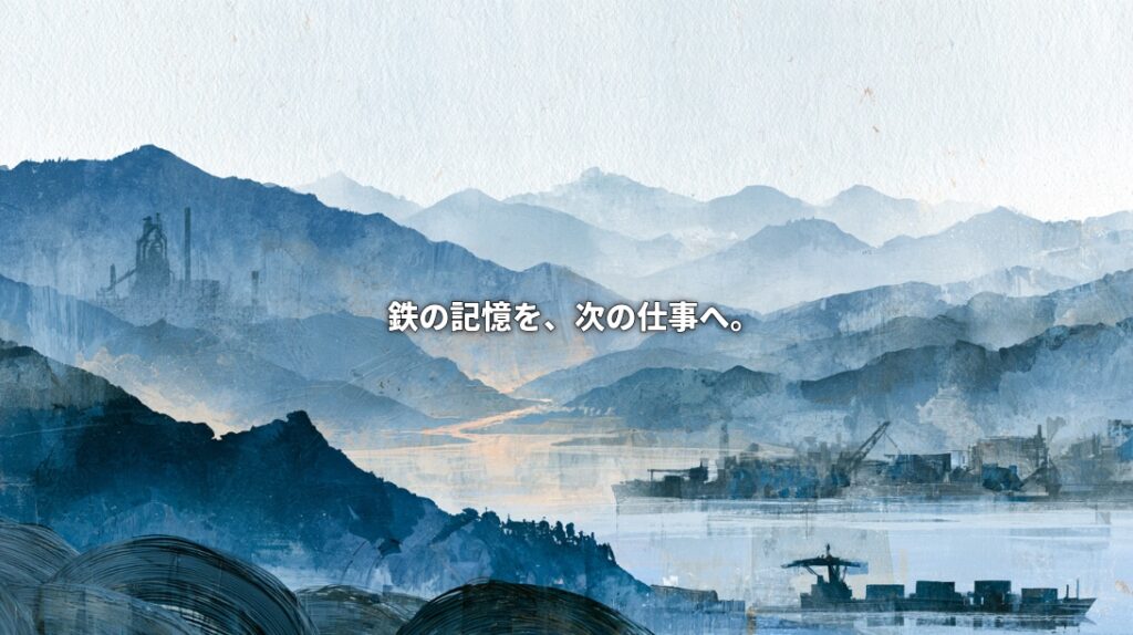 Blue-toned illustration of Kamaishi’s mountains and harbor, with steel wire coils, industrial silhouettes, and a cargo ship. Japanese text reads “Carrying the memory of iron into the next generation of work.”