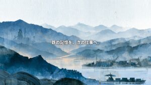 Blue-toned illustration of Kamaishi’s mountains and harbor, with steel wire coils, industrial silhouettes, and a cargo ship. Japanese text reads “Carrying the memory of iron into the next generation of work.”