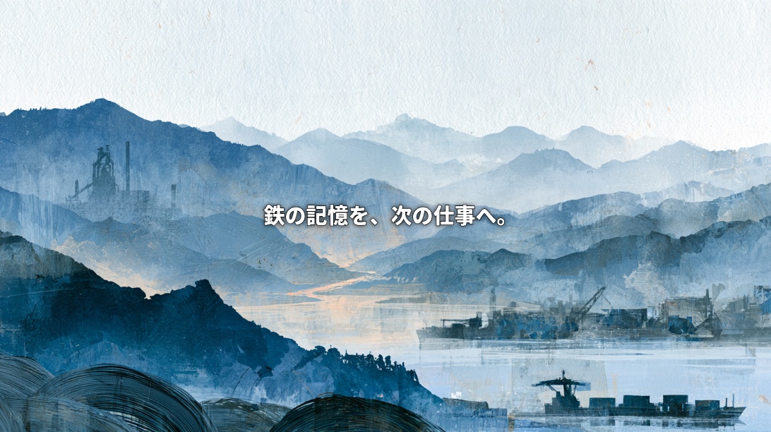 Blue-toned illustration of Kamaishi’s mountains and harbor, with steel wire coils, industrial silhouettes, and a cargo ship. Japanese text reads “Carrying the memory of iron into the next generation of work.”