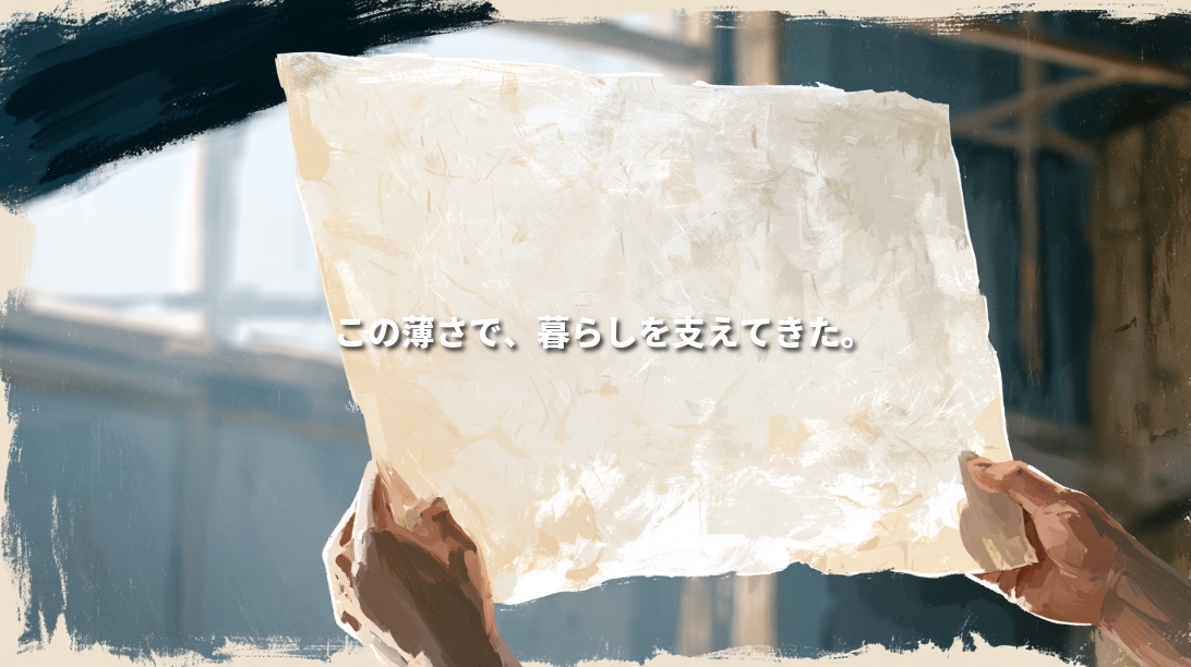Painterly illustration of hands holding a translucent sheet of Sekishu washi against window light, revealing its fibers. Japanese text reads, “This thin sheet has supported everyday life.”