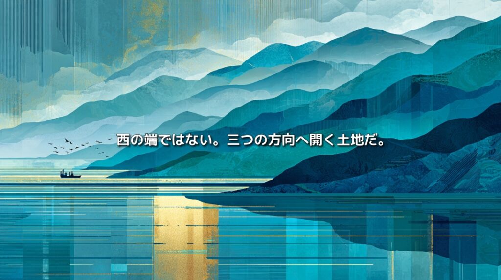 日本海と幾重にも連なる中国山地を青と金で描き、「西の端ではない。三つの方向へ開く土地だ。」と表現した島根県西部・石見の地政学イメージ