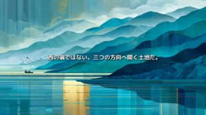日本海と幾重にも連なる中国山地を青と金で描き、「西の端ではない。三つの方向へ開く土地だ。」と表現した島根県西部・石見の地政学イメージ