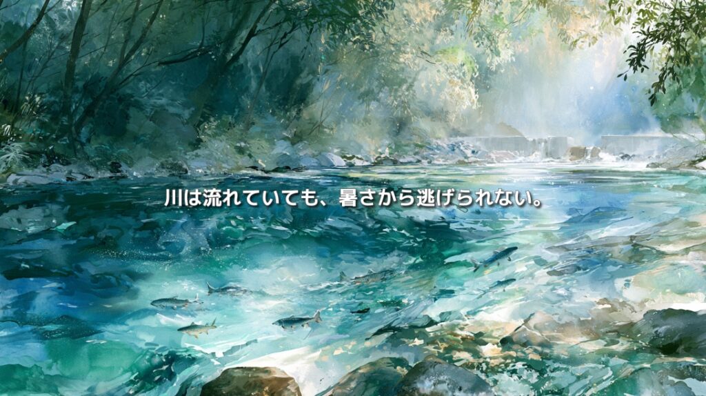 夏の日差しが差し込む山間の川を泳ぐ渓流魚と、河川水温の上昇を表した水彩画