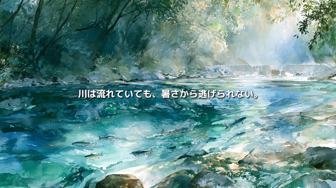 夏の日差しが差し込む山間の川を泳ぐ渓流魚と、河川水温の上昇を表した水彩画