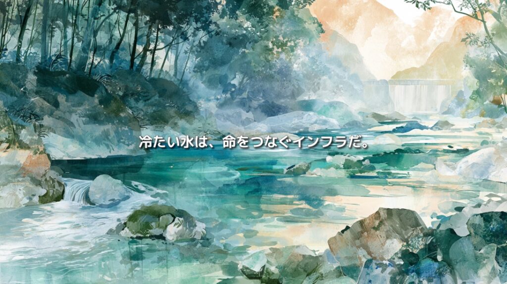 河畔林の木陰と湧水に守られた青緑色の川と、遠景のダムを描いた水彩画