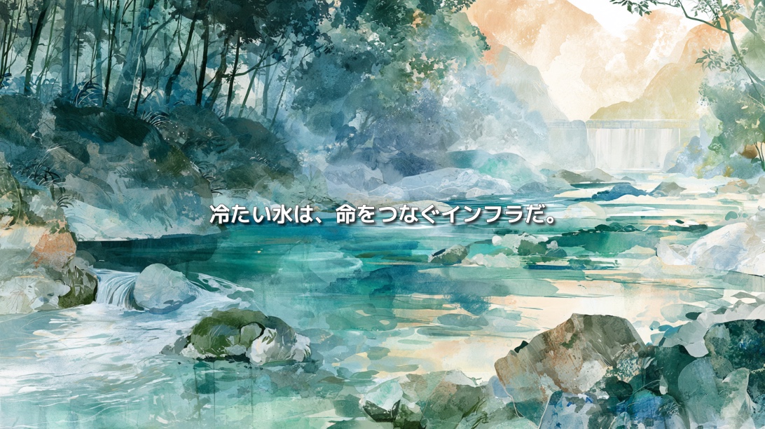 河畔林の木陰と湧水に守られた青緑色の川と、遠景のダムを描いた水彩画