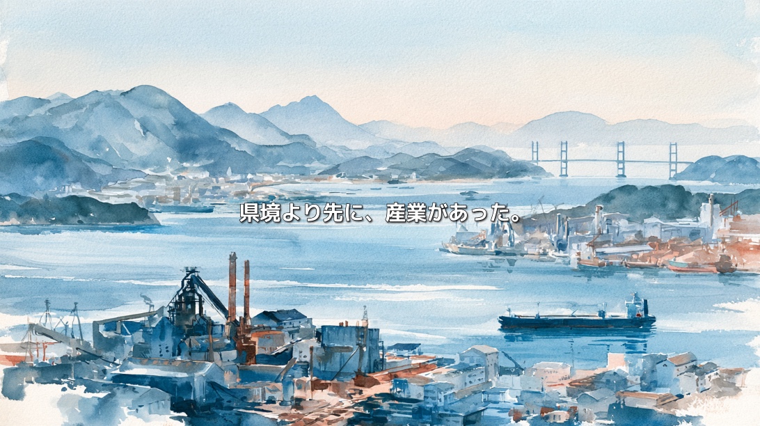福山港の製鉄所や貨物船、瀬戸内海の島々と橋を描いた備後圏の産業地政学イメージ