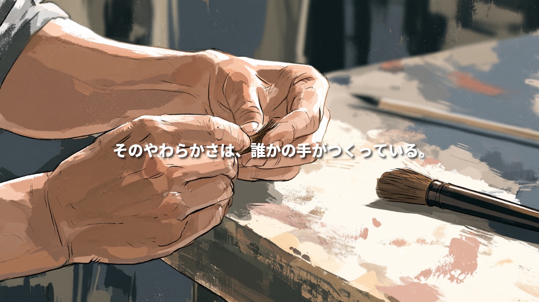 Painterly illustration of an artisan’s hands carefully arranging brush hairs on a sunlit workbench, beside a finished makeup brush. Japanese text reads, “That softness is crafted by someone’s hands.”