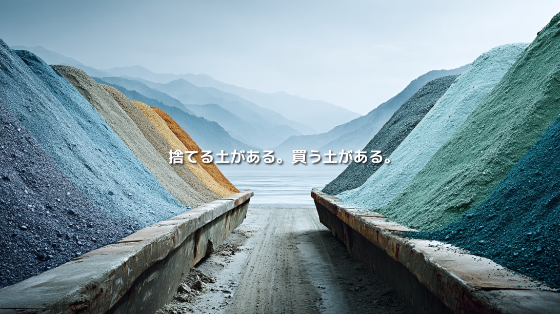 異なる土質の建設発生土が積まれた山間の保管場所と、その間を延びる搬出路のイメージ