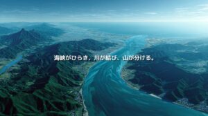 山地を縫って吉野川が紀伊水道へ流れる徳島県の地政学イメージ。「海峡がひらき、川が結び、山が分ける。」の文字