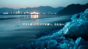 徳島の海岸に広がる塩の結晶と青い光。「洪水を藍へ。にがりを薬へ。石を光へ。」の文字