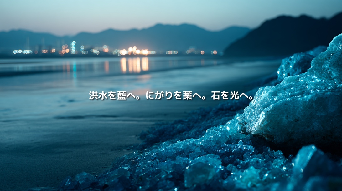 徳島の海岸に広がる塩の結晶と青い光。「洪水を藍へ。にがりを薬へ。石を光へ。」の文字