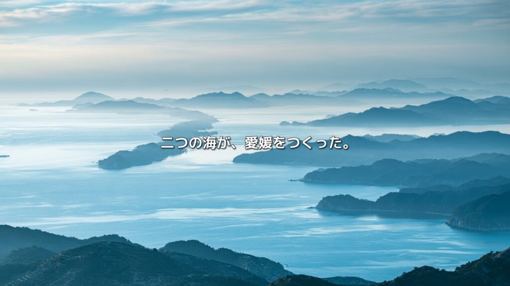 青い海に半島と島々が重なる愛媛県の海岸風景。「二つの海が、愛媛をつくった。」の文字入り