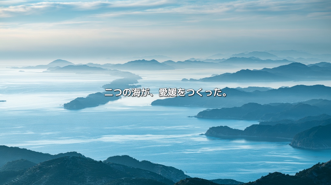 青い海に半島と島々が重なる愛媛県の海岸風景。「二つの海が、愛媛をつくった。」の文字入り