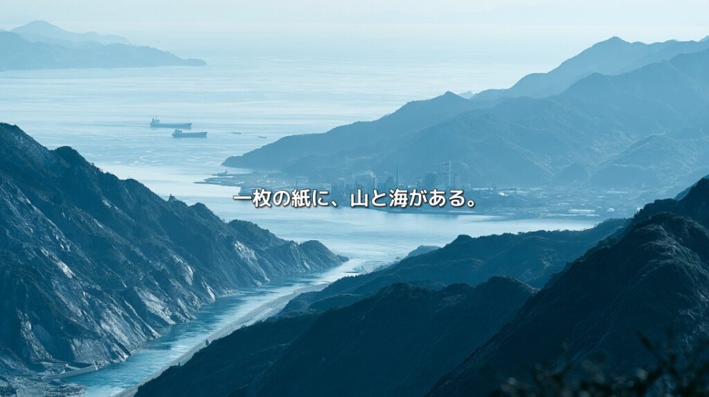 山間を流れる水路の先に、海沿いの工場と貨物船が見えるイメージ。「一枚の紙に、山と海がある。」の文字入り