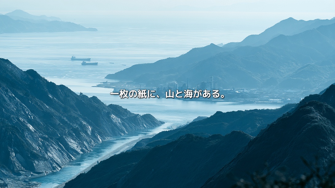 山間を流れる水路の先に、海沿いの工場と貨物船が見えるイメージ。「一枚の紙に、山と海がある。」の文字入り