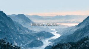 山々の間を川が流れ、遠方に工業地帯が見えるイメージ。「その水には、下流がある。」の文字入り