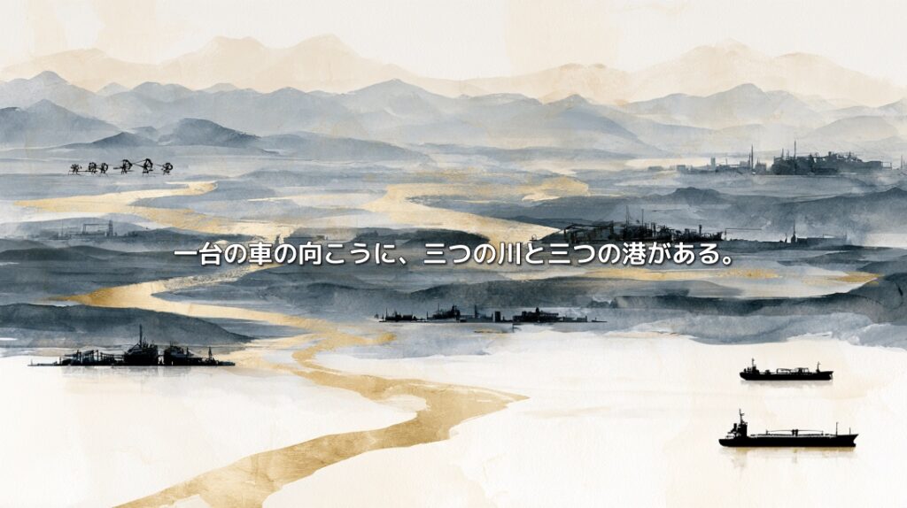 山から流れる川と工場、港を描いた愛知県の水墨画風イラスト。「一台の車の向こうに、三つの川と三つの港がある。」の文字入り