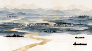山から流れる川と工場、港を描いた愛知県の水墨画風イラスト。「一台の車の向こうに、三つの川と三つの港がある。」の文字入り