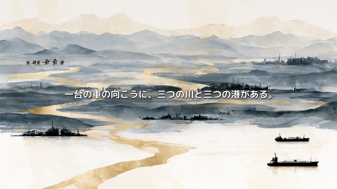 山から流れる川と工場、港を描いた愛知県の水墨画風イラスト。「一台の車の向こうに、三つの川と三つの港がある。」の文字入り