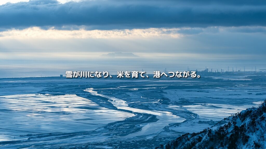 雪に覆われた越後平野を大河が流れ、日本海の港と佐渡へつながる新潟県の冬景色