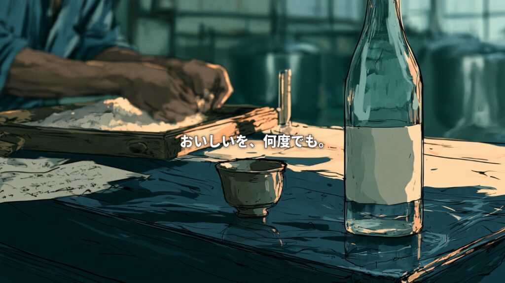 Illustration of hands working with rice in a sake brewery, with a sake bottle and ceramic cup in the foreground and Japanese text meaning “Delicious, time after time.”