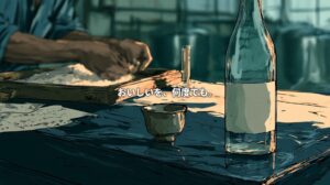 Illustration of hands working with rice in a sake brewery, with a sake bottle and ceramic cup in the foreground and Japanese text meaning “Delicious, time after time.”