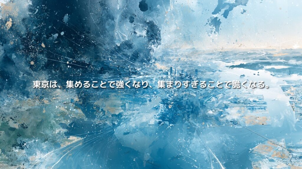 東京湾や都市部へ向かって水・道・光の流れが集まり、「東京は、集めることで強くなり、集まりすぎることで脆くなる。」と記された抽象的な地政学イメージ