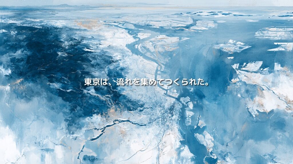 東京都の山地や河川、都市部、東京湾を水彩画風に俯瞰し、「東京は、流れを集めてつくられた。」と記した地政学イメージ
