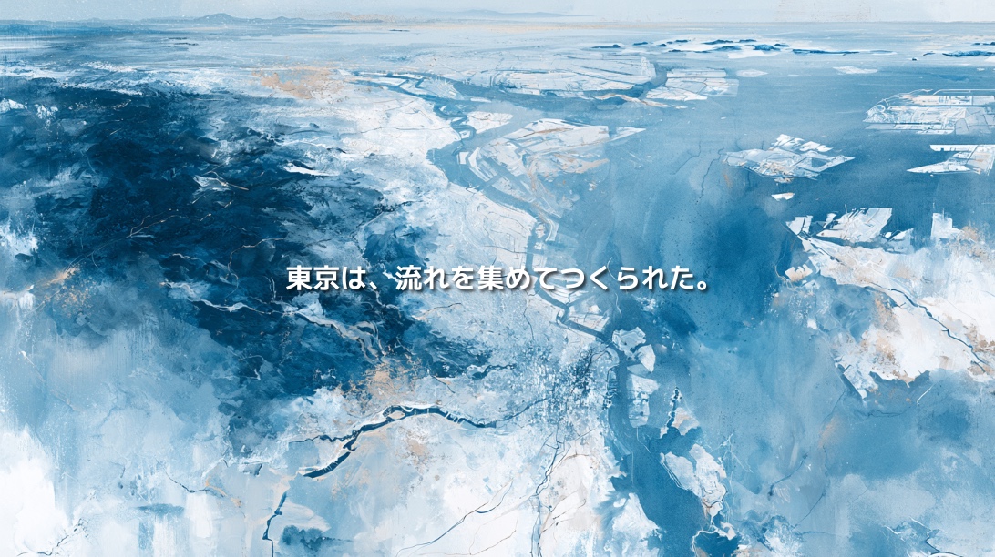 東京都の山地や河川、都市部、東京湾を水彩画風に俯瞰し、「東京は、流れを集めてつくられた。」と記した地政学イメージ