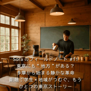 木造の教室で学生がハンドドリップコーヒーを淹れる。黒板と木の机、柔らかな光。多摩地域で始まる学生と地域の連携を象徴。