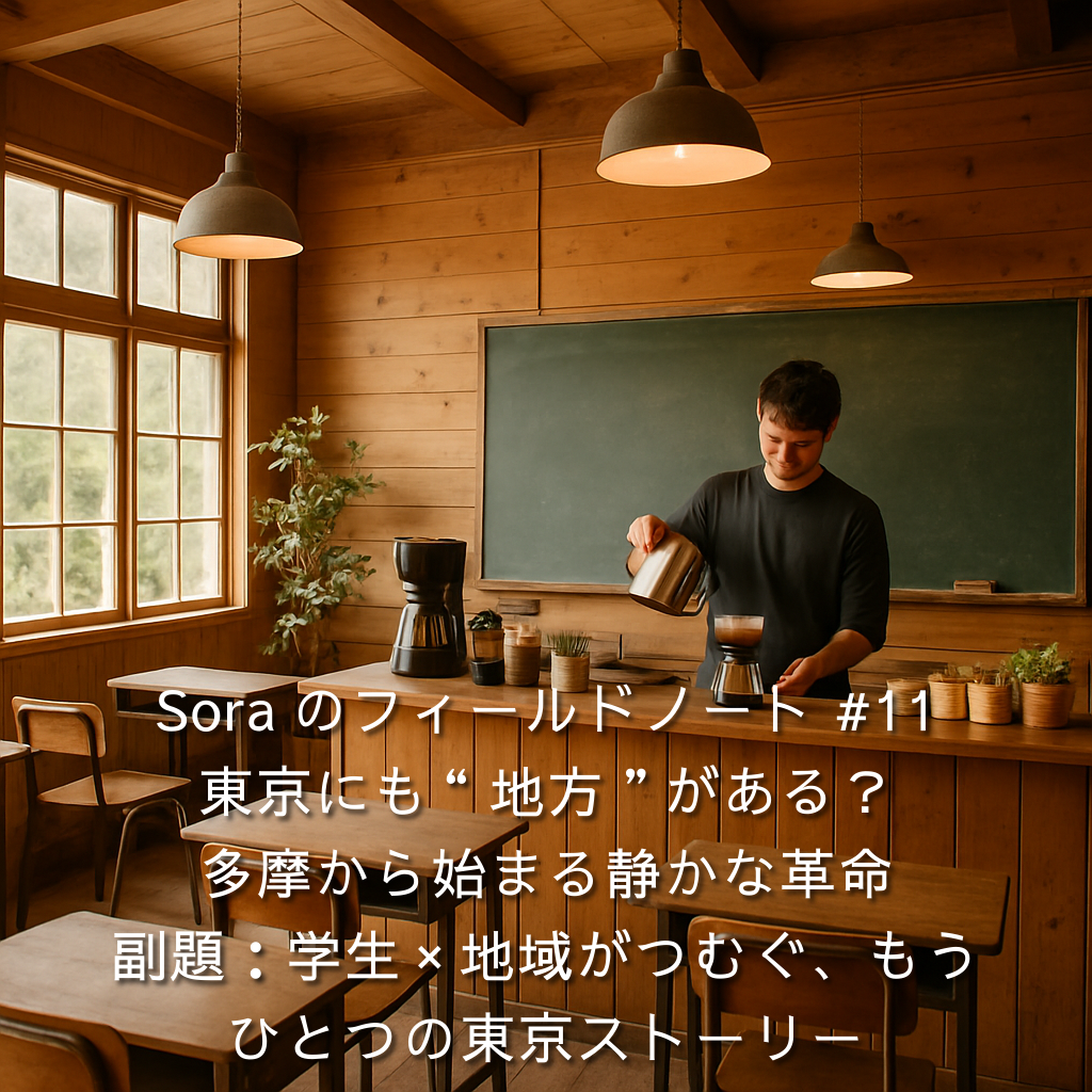 木造の教室で学生がハンドドリップコーヒーを淹れる。黒板と木の机、柔らかな光。多摩地域で始まる学生と地域の連携を象徴。