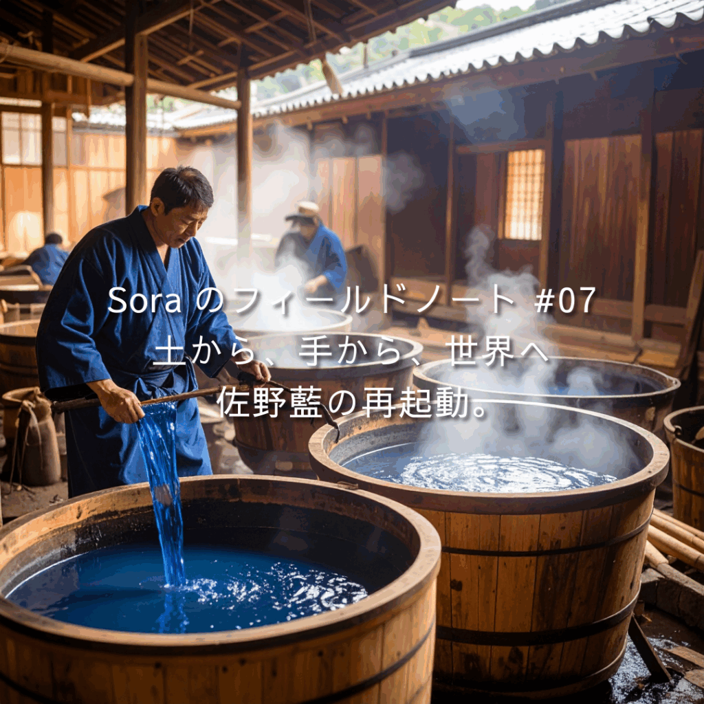 木製の藍甕から布を引き上げる藍染職人。画像上に「Soraのフィールドノート #07｜土から、手から、世界へ。佐野藍の再起動。」のテキスト。