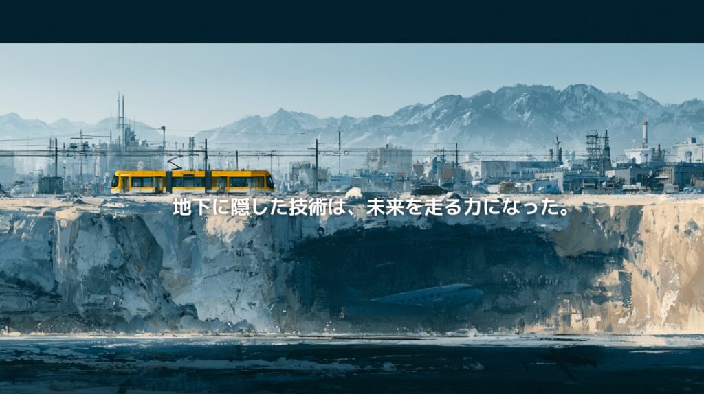 雪を思わせる白い大地の断面に広がる大谷石の地下工場と航空機、その地上を走る黄色い宇都宮ライトライン。背後には工業地帯と山々が広がり、栃木県の産業の過去と未来を表現している。