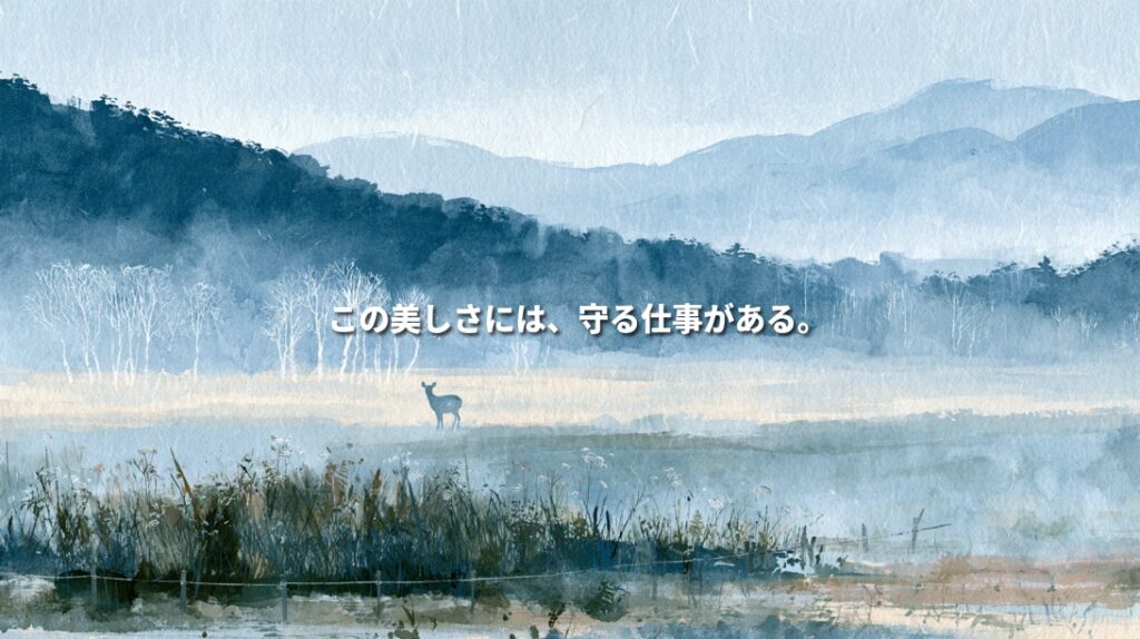 Watercolor illustration of a deer in the misty Oku-Nikko wetlands, with birch trees, distant mountains, and a protective fence beside foreground vegetation. Japanese text reads, “There is work behind preserving this beauty.”