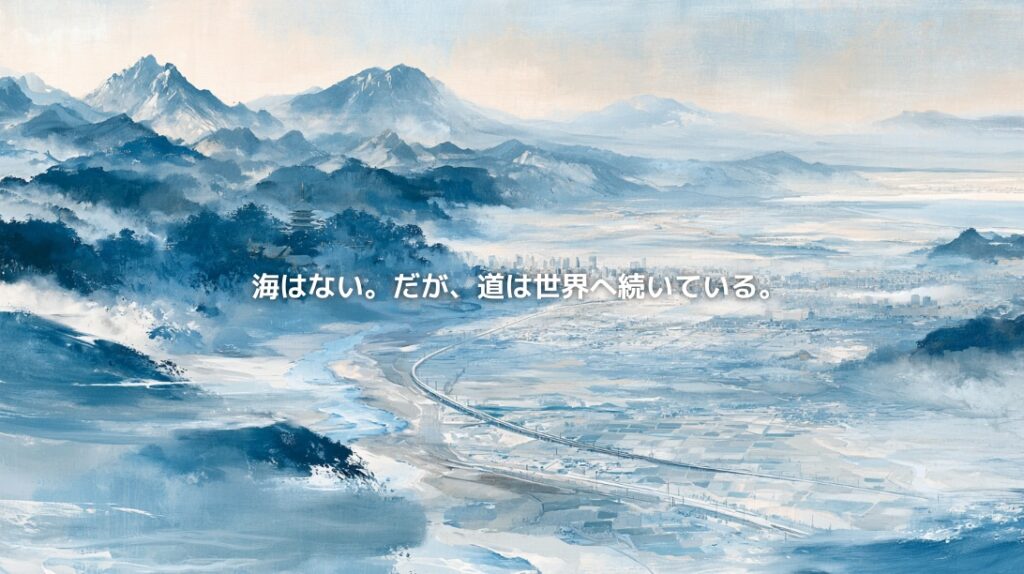 日光・那須の山々と関東平野、都市、農地、道路を水墨画風に描き、「海はない。だが、道は世界へ続いている。」と記した栃木県の地政学イメージ