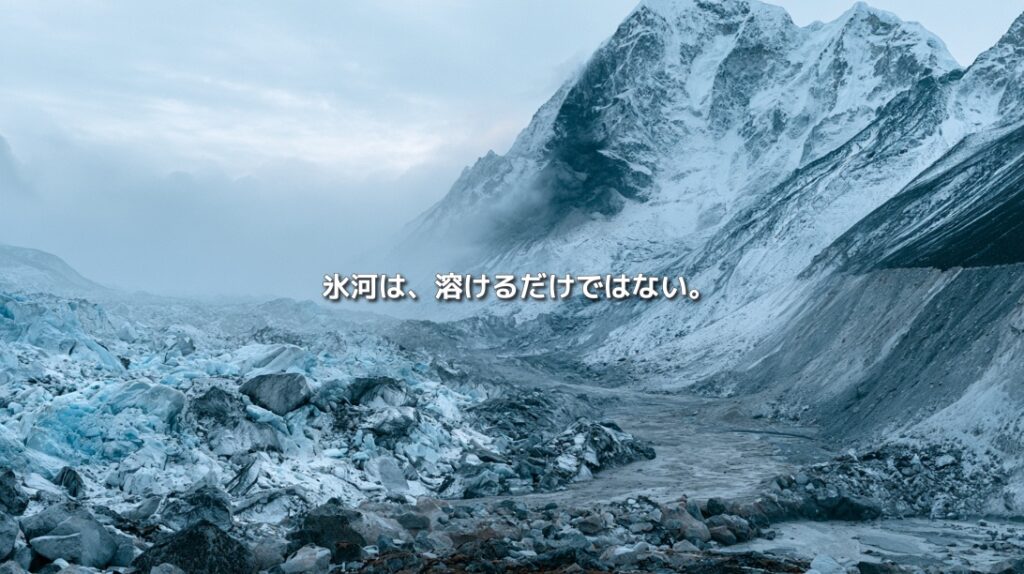 雪に覆われたネパール・ヒマラヤの山と、氷や岩石が堆積した谷に「氷河は、溶けるだけではない。」の文字を重ねたイメージ