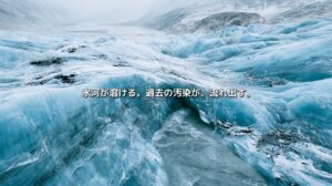 黒い堆積物が残る青い氷河と、融解によって流れ出す水。「氷河が溶ける。過去の汚染が、流れ出す。」の文字