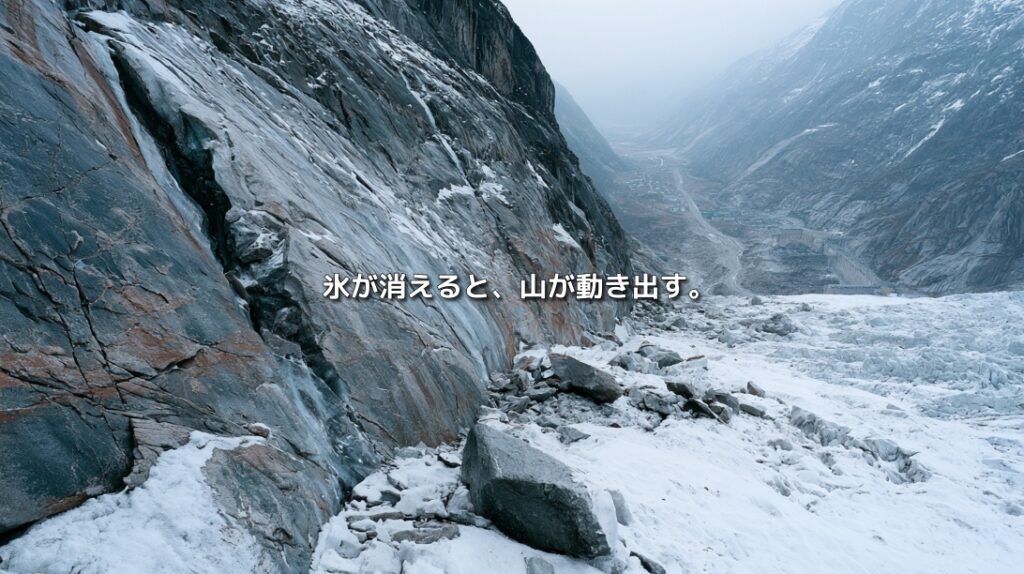 氷河の後退によって露出した亀裂のある岩壁と、斜面から崩れ落ちた岩石。「氷が消えると、山が動き出す。」の文字