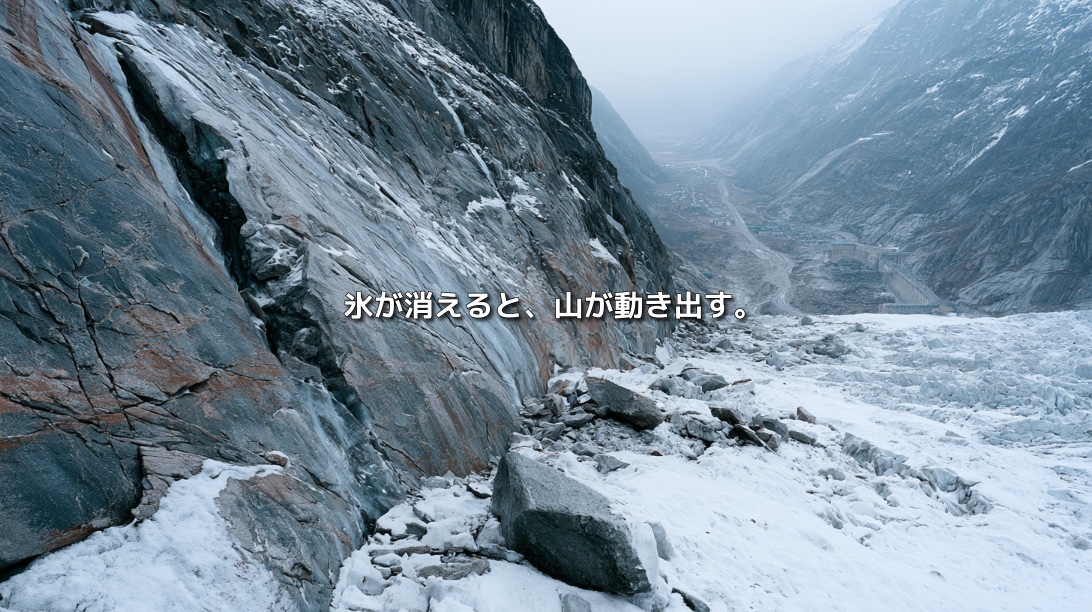 氷河の後退によって露出した亀裂のある岩壁と、斜面から崩れ落ちた岩石。「氷が消えると、山が動き出す。」の文字