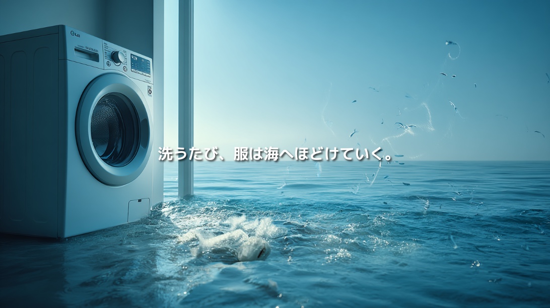 海へつながる水辺に置かれた洗濯機と、水中を漂う衣服の微細な繊維を描いたイメージ