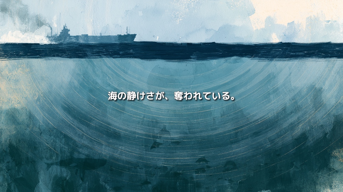 貨物船から広がる水中音と、その影響を受けるクジラや魚を描いた海中の風景