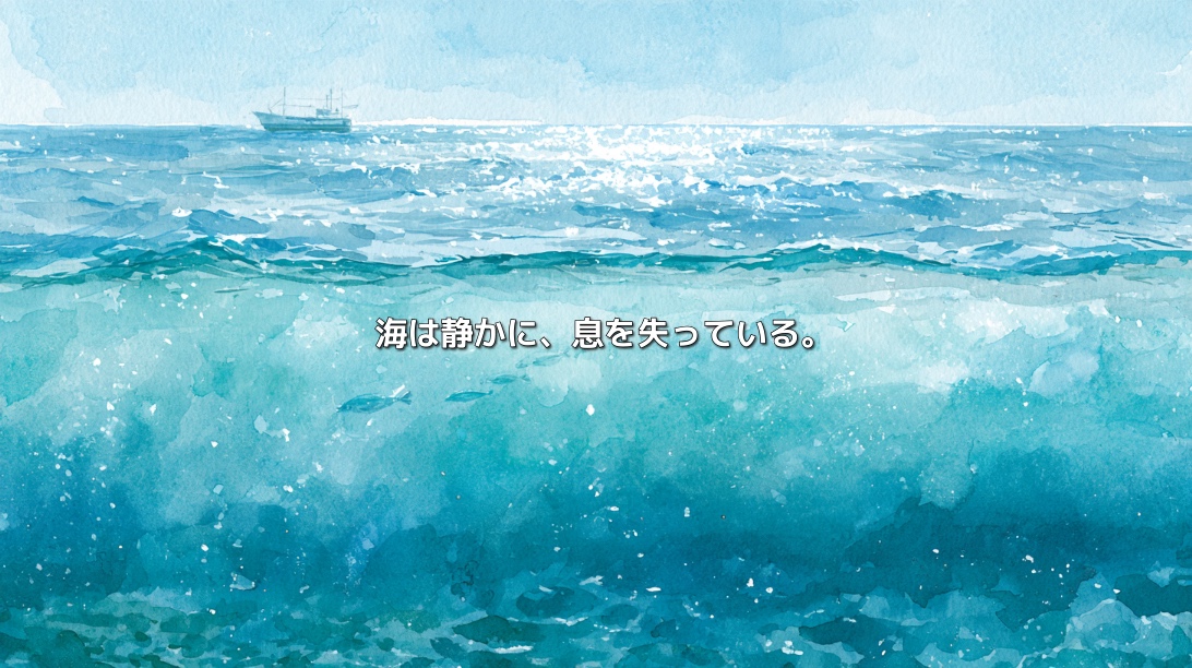 水彩画で描かれた海面と海中の魚たち。遠くに船が浮かび、「海は静かに、息を失っている。」と書かれている。