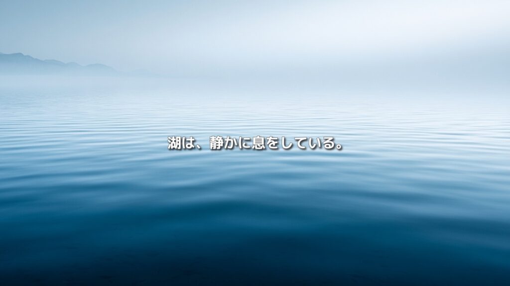 霧に包まれた静かな琵琶湖の水面に「湖は、静かに息をしている。」の文字を重ねたイメージ