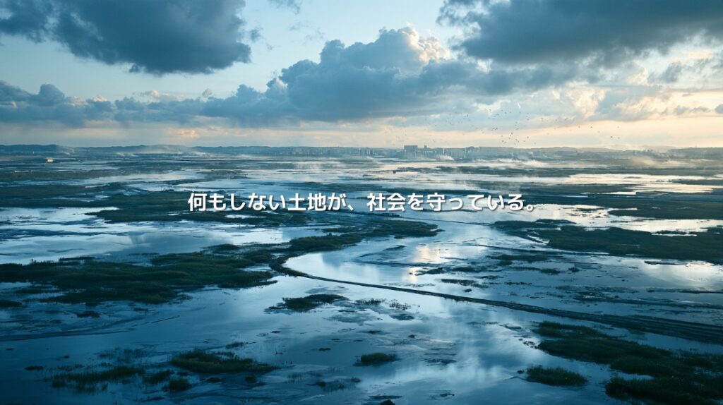 雨水を広く受け止める湿地と遠景の都市を描いた、湿地再生による洪水対策のイメージ